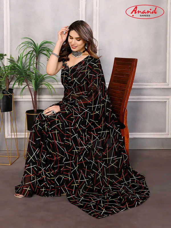 Striped,_Printed_Bollywood_Georgette_Saree_(Black)