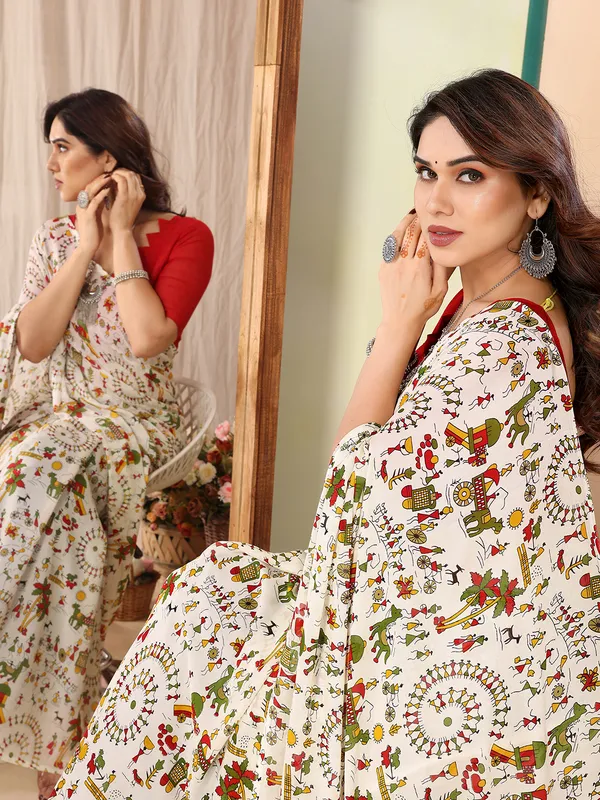 White_Multicolered_Daily_Wear_Floral,Animal_,Paisley_&_Other_Human_Print_Pattern_Casual_Regular_Wear_Saree
