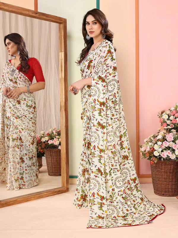 White_Multicolered_Daily_Wear_Floral,Animal_,Paisley_&_Other_Human_Print_Pattern_Casual_Regular_Wear_Saree