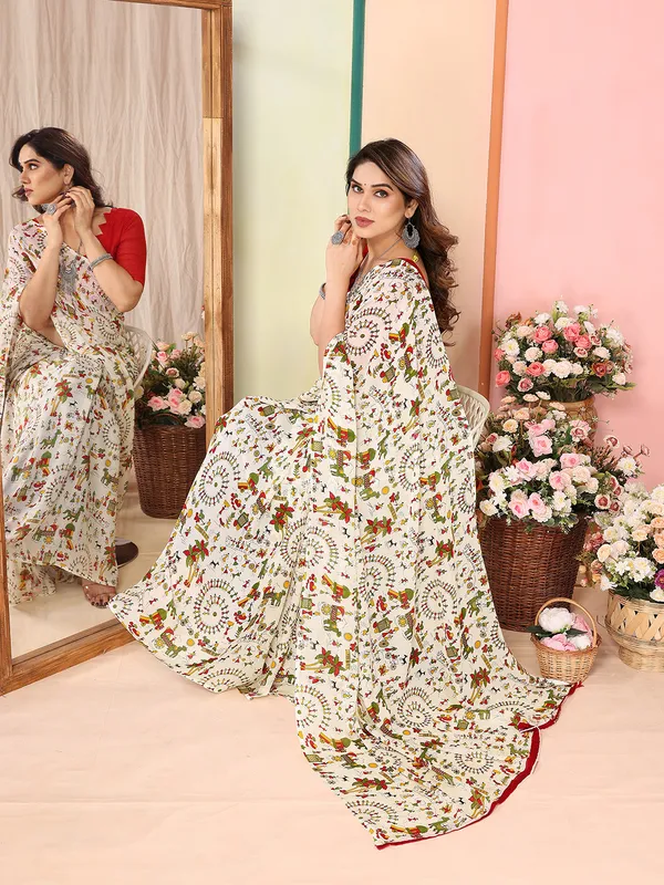 White_Multicolered_Daily_Wear_Floral,Animal_,Paisley_&_Other_Human_Print_Pattern_Casual_Regular_Wear_Saree