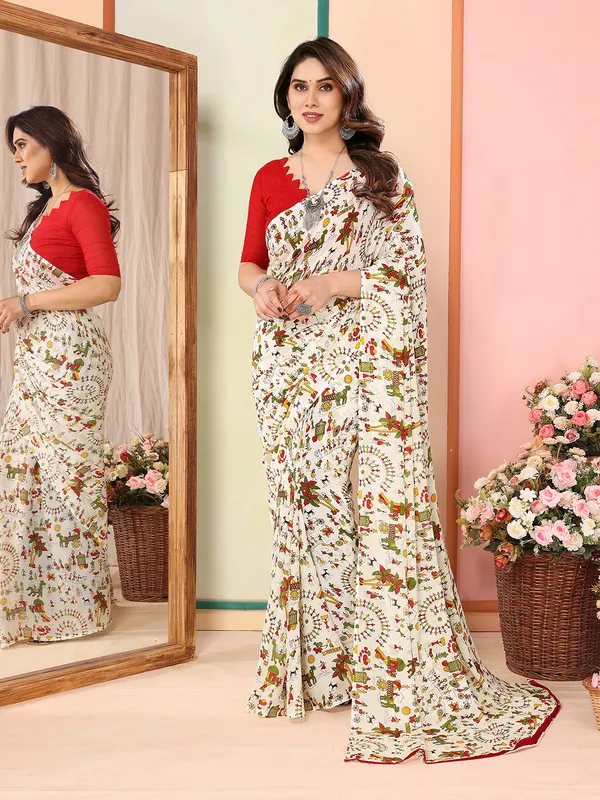 White_Multicolered_Daily_Wear_Floral,Animal_,Paisley_&_Other_Human_Print_Pattern_Casual_Regular_Wear_Saree