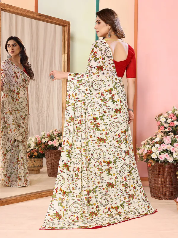 White_Multicolered_Daily_Wear_Floral,Animal_,Paisley_&_Other_Human_Print_Pattern_Casual_Regular_Wear_Saree