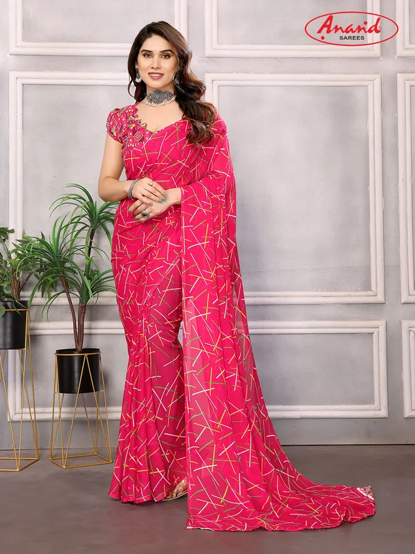 Striped,_Printed_Bollywood_Georgette_Saree_(Pink)
