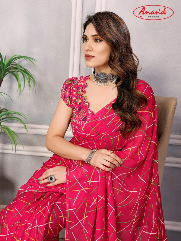 Striped,_Printed_Bollywood_Georgette_Saree_(Pink)
