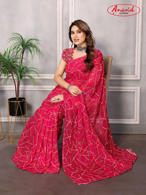 Striped,_Printed_Bollywood_Georgette_Saree_(Pink)