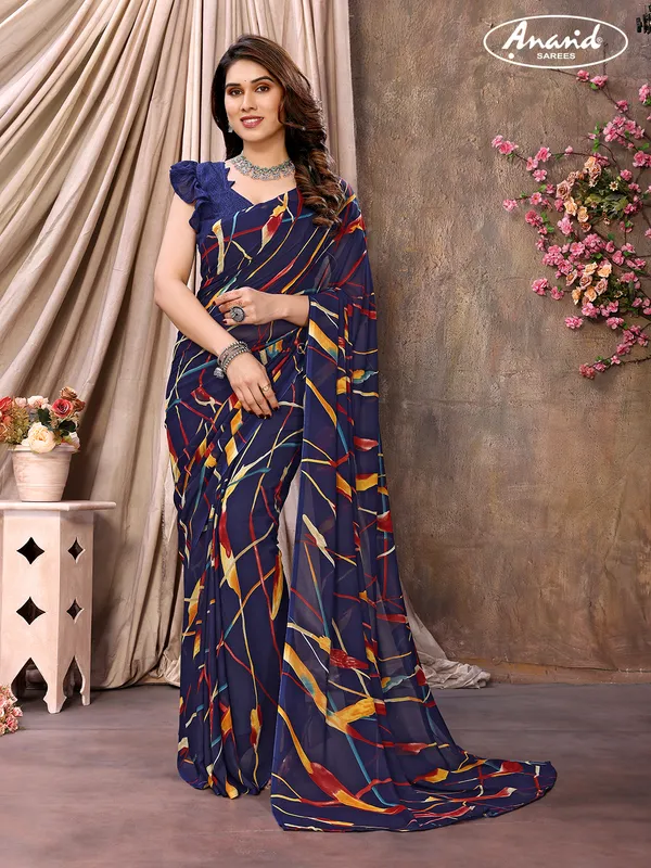 Anand Saree Dark Blue Colored Printed Party Wear Floral Print Saree Price in India Buy Anand Saree Dark Blue Colored Printed Party Wear Floral Print