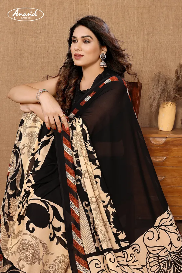 Black_&_Cream_Sarees_Paisley,_Floral_Print_Daily_Wear_Georgette_Saree