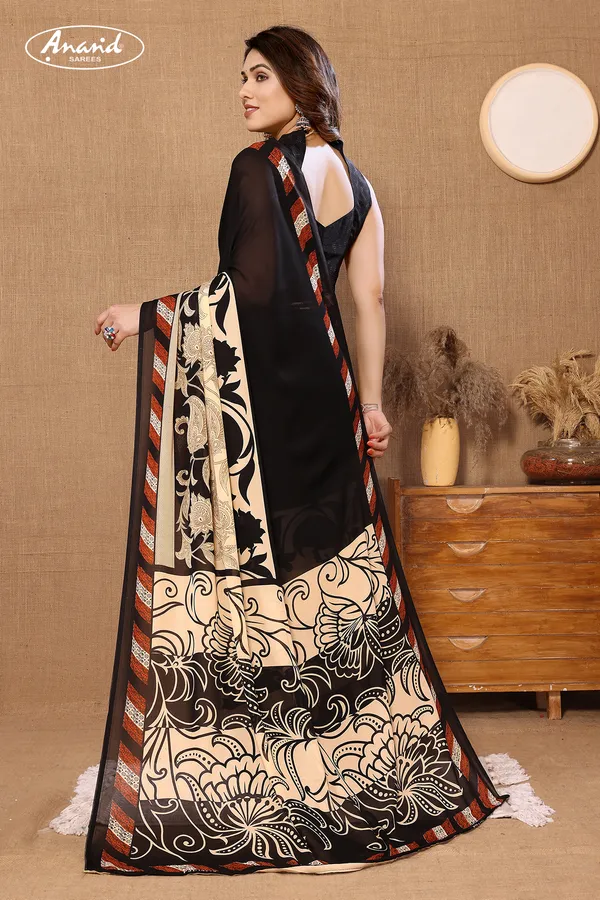 Black_&_Cream_Sarees_Paisley,_Floral_Print_Daily_Wear_Georgette_Saree