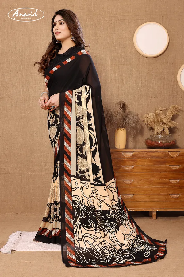 Black_&_Cream_Sarees_Paisley,_Floral_Print_Daily_Wear_Georgette_Saree