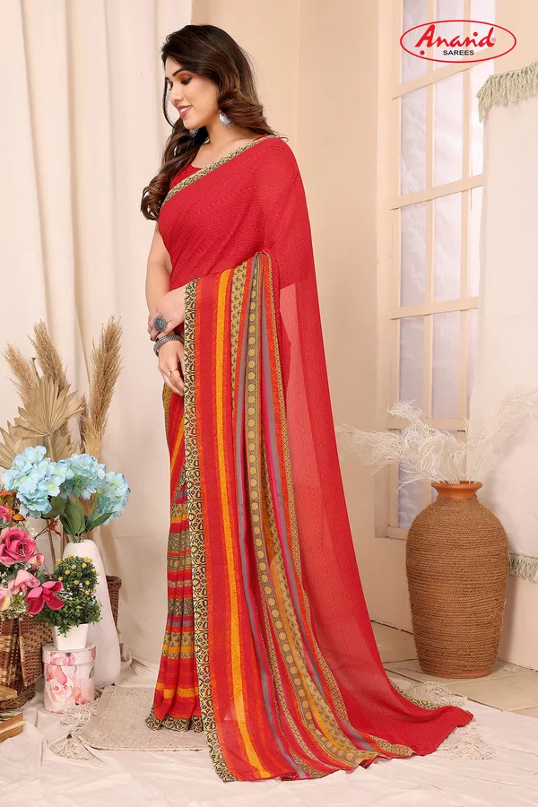 Printed,_Paisley,_Striped_Bollywood_Georgette_Saree_(Red)