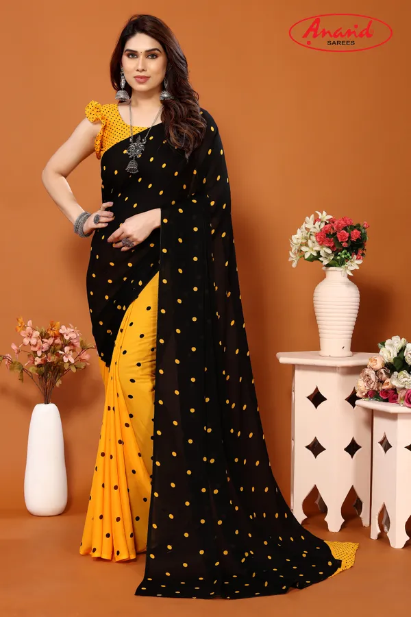 Black_&_Yellow_Sarees_Polka_Print_Daily_Wear_Georgette_Saree