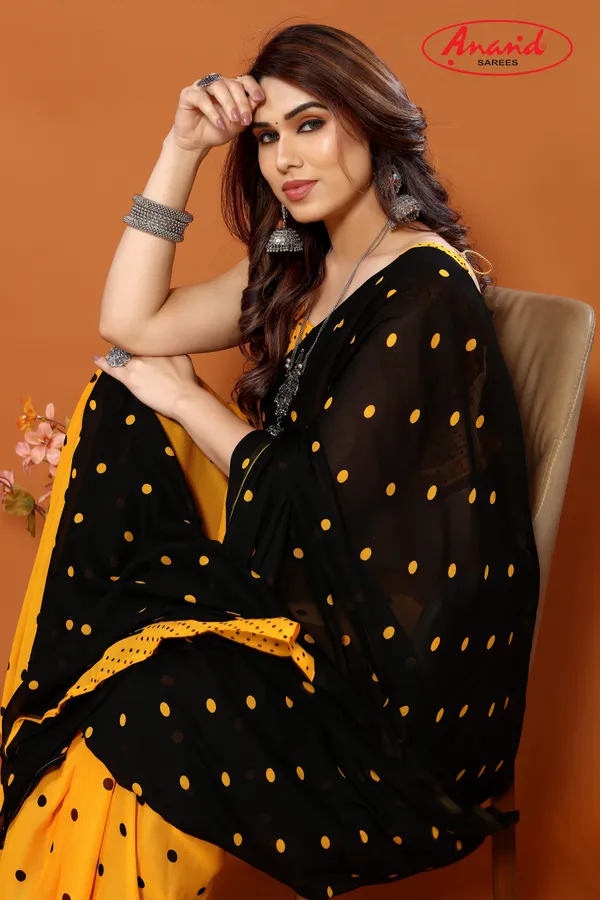 Black_&_Yellow_Sarees_Polka_Print_Daily_Wear_Georgette_Saree