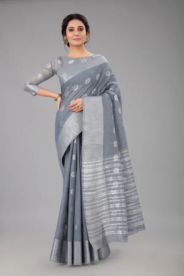 Grey_Pure_Soft_Linen_Saree_With_Silver_Zari_Butta