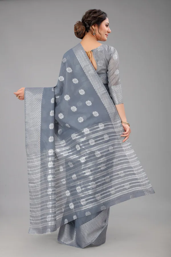 Grey_Pure_Soft_Linen_Saree_With_Silver_Zari_Butta