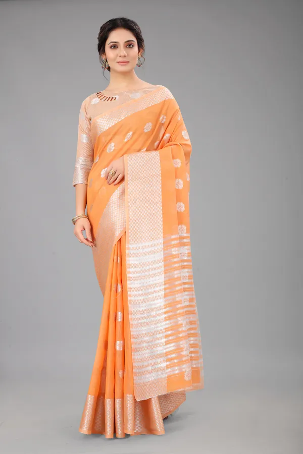 Orange_Pure_Soft_Linen_Saree_With_Silver_Zari_Butta