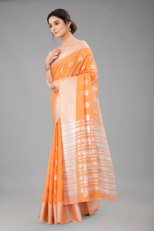 Orange_Pure_Soft_Linen_Saree_With_Silver_Zari_Butta