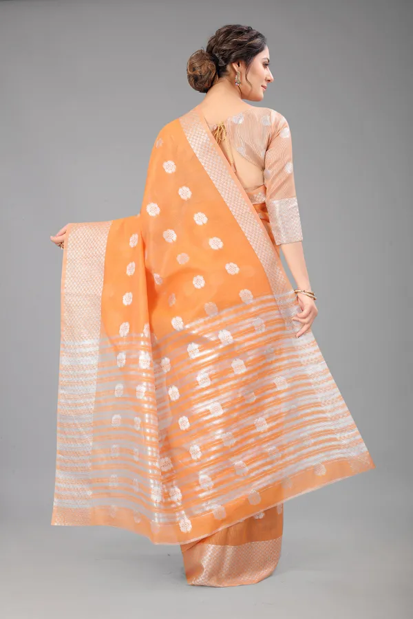 Orange_Pure_Soft_Linen_Saree_With_Silver_Zari_Butta