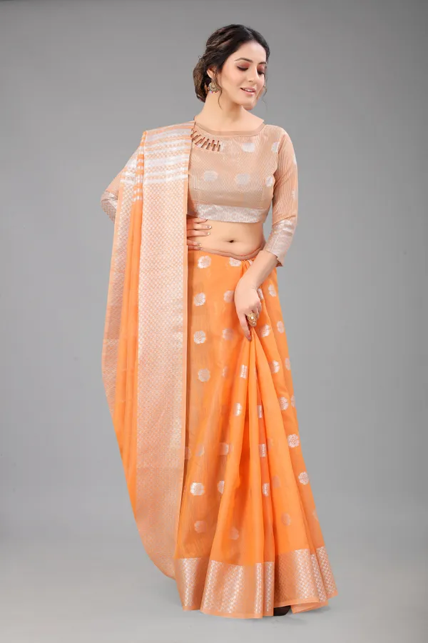Orange_Pure_Soft_Linen_Saree_With_Silver_Zari_Butta