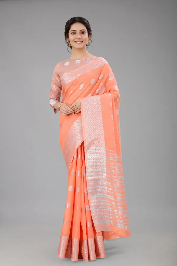 Peach_Pure_Soft_Linen_Saree_With_Silver_Zari_Butta