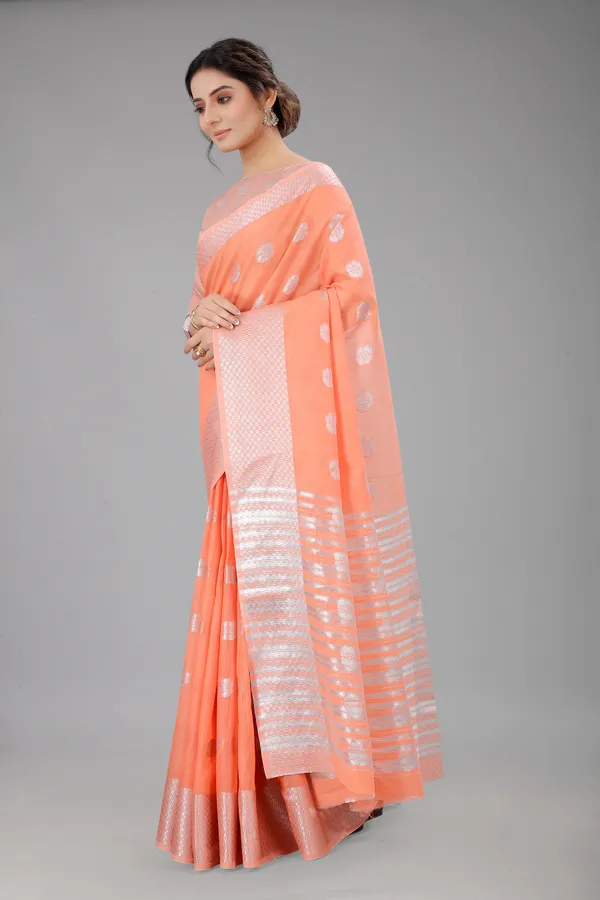 Peach_Pure_Soft_Linen_Saree_With_Silver_Zari_Butta