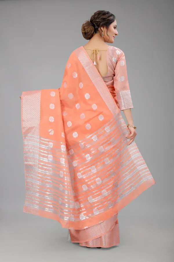 Peach_Pure_Soft_Linen_Saree_With_Silver_Zari_Butta