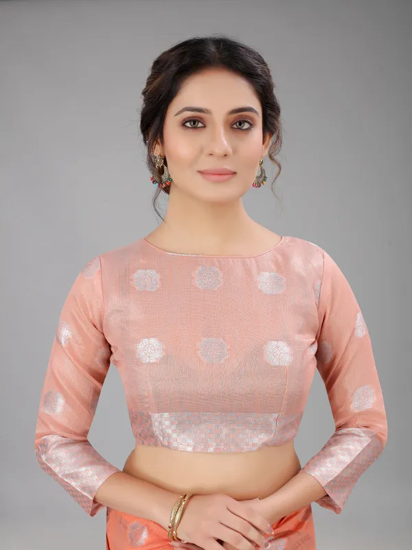 Peach_Pure_Soft_Linen_Saree_With_Silver_Zari_Butta