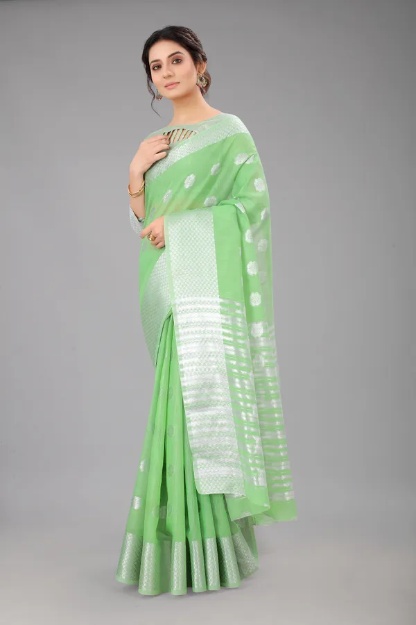 Parrot_Green_Pure_Soft_Linen_Saree_With_Silver_Zari_Butta
