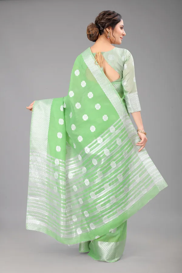 Parrot_Green_Pure_Soft_Linen_Saree_With_Silver_Zari_Butta