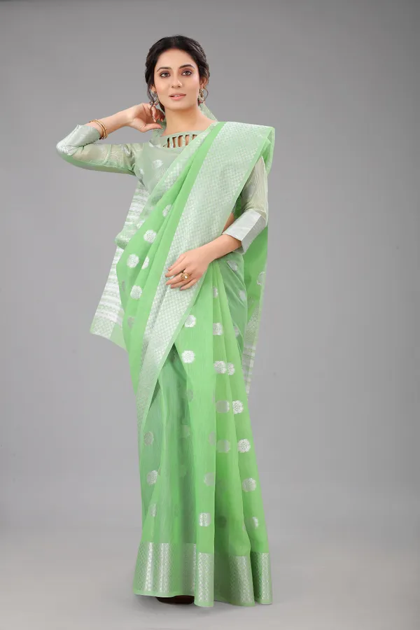 Parrot_Green_Pure_Soft_Linen_Saree_With_Silver_Zari_Butta