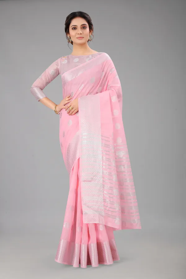 Pink_Pure_Soft_Linen_Saree_With_Silver_Zari_Butta