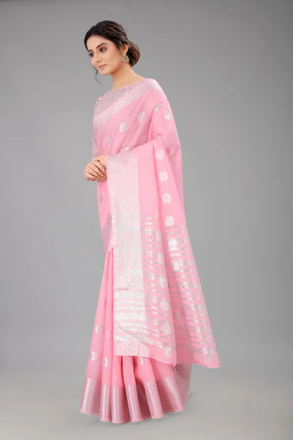Pink_Pure_Soft_Linen_Saree_With_Silver_Zari_Butta