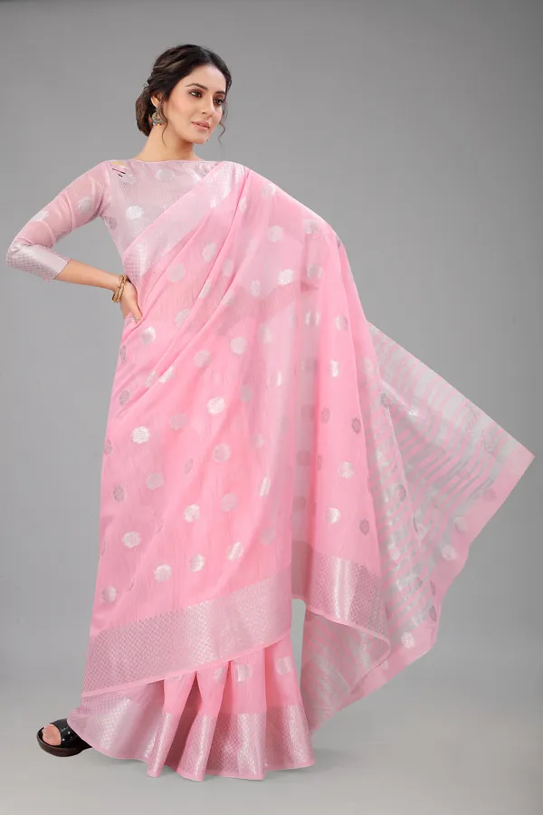 Pink_Pure_Soft_Linen_Saree_With_Silver_Zari_Butta
