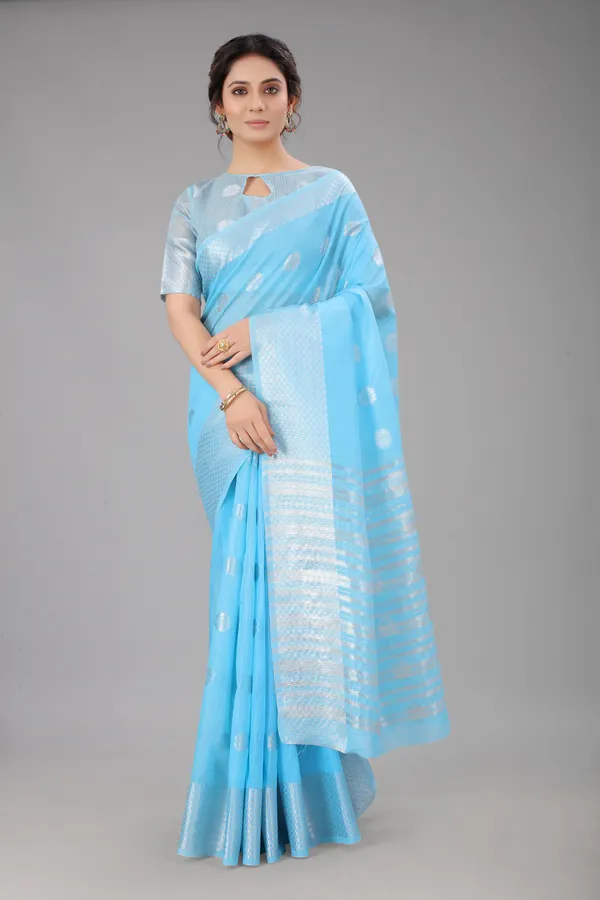 Sky_Pure_Soft_Linen_Saree_With_Silver_Zari_Butta