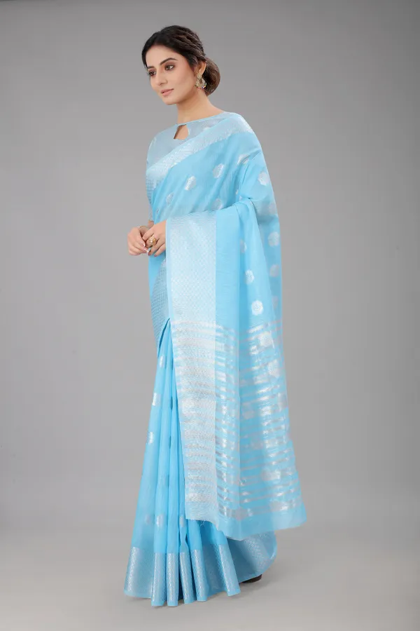 Sky_Pure_Soft_Linen_Saree_With_Silver_Zari_Butta