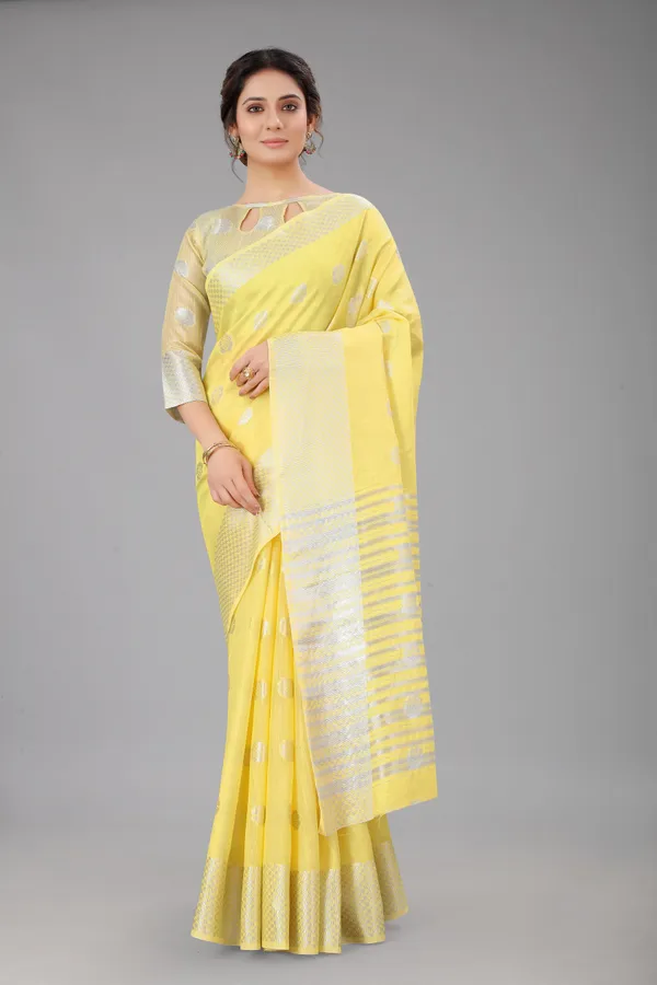 Yellow_Pure_Soft_Linen_Saree_With_Silver_Zari_Butta