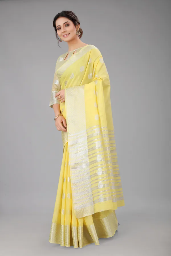 Yellow_Pure_Soft_Linen_Saree_With_Silver_Zari_Butta