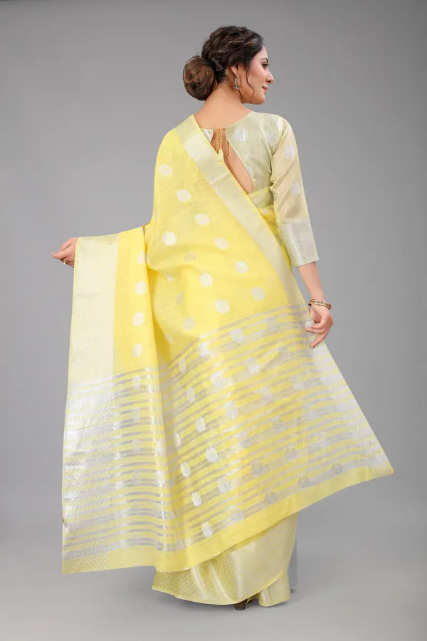 Yellow_Pure_Soft_Linen_Saree_With_Silver_Zari_Butta