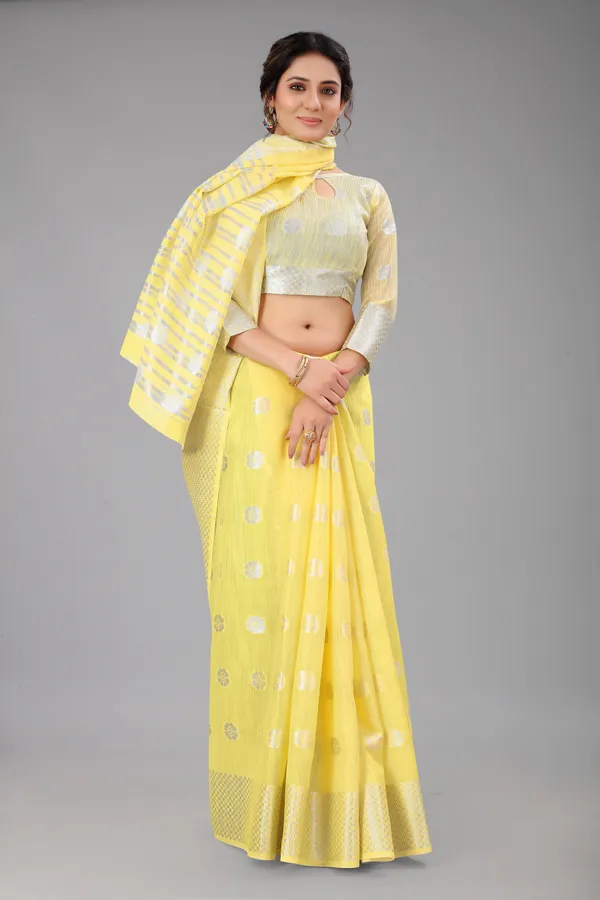Yellow_Pure_Soft_Linen_Saree_With_Silver_Zari_Butta