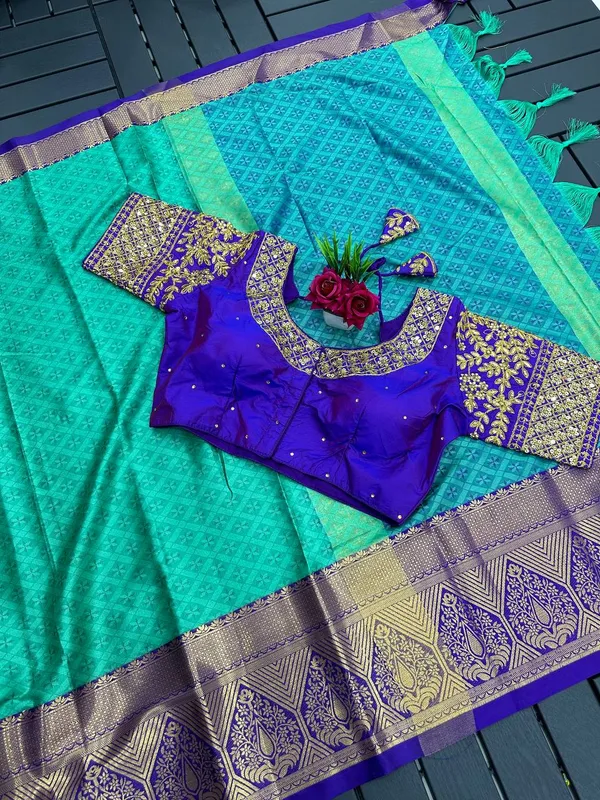 Aqua-Blue_Heavy_Aura_Rich_Cotton_Silk_Design_&_Contrast_Jequared_Weaving_Rich_Heavy_Border_With_Embroidred_Reddy_Made_Blouse