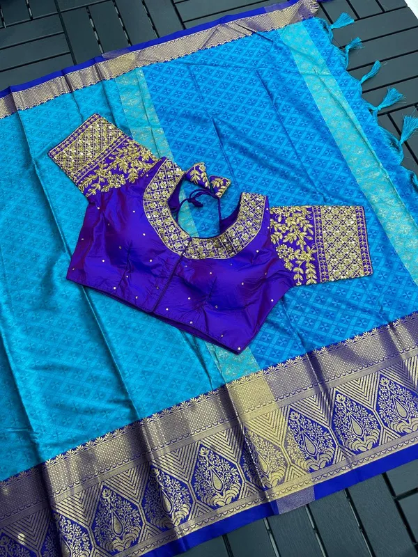 Sky_Blue_Heavy_Aura_Rich_Cotton_Silk_Design_&_Contrast_Jequared_Weaving_Rich_Heavy_Border_With_Embroidred_Reddy_Made_Blouse