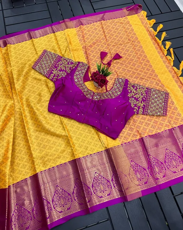 Yellow-Dark-Pink_Heavy_Aura_Rich_Cotton_Silk_Design_&_Contrast_Jequared_Weaving_Rich_Heavy_Border_With_Embroidred_Reddy_Made_Blouse
