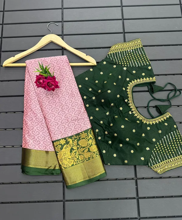 Baby-Pink-Green_Heavy_Aura_Rich_Cotton_Silk_Design_&_Contrast_Jacquard_Weaving_Rich_Heavy_Border_With_Embroidered_Reddy_Made_Blouse