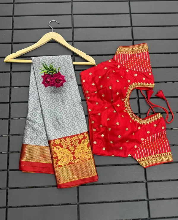 Grey_Heavy_Aura_Rich_Cotton_Silk_Design_&_Contrast_Jequared_Weaving_Rich_Heavy_Border_With_Embroidred_Reddy_Made_Blouse