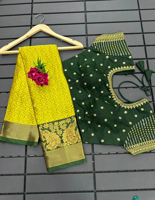 Lemon-Green_Heavy_Aura_Rich_Cotton_Silk_Design_&_Contrast_Jequared_Weaving_Rich_Heavy_Border_With_Embroidred_Reddy_Made_Blouse