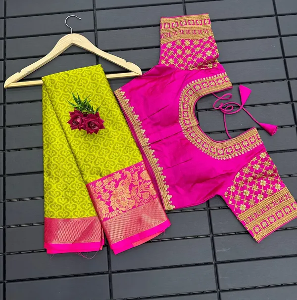 Lemon-Pink_Heavy_Aura_Rich_Cotton_Silk_Design_&_Contrast_Jequared_Weaving_Rich_Heavy_Border_With_Embroidred_Reddy_Made_Blouse