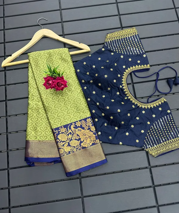 Pista-Blue_Heavy_Aura_Rich_Cotton_Silk_Design_&_Contrast_Jequared_Weaving_Rich_Heavy_Border_With_Embroidred_Reddy_Made_Blouse