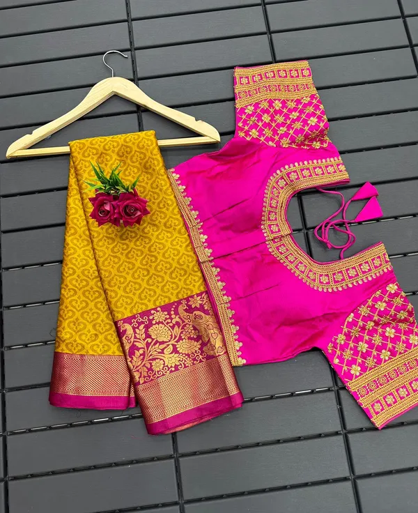 Yellow-Pink_Heavy_Aura_Rich_Cotton_Silk_Design_&_Contrast_Jequared_Weaving_Rich_Heavy_Border_With_Embroidred_Reddy_Made_Blouse
