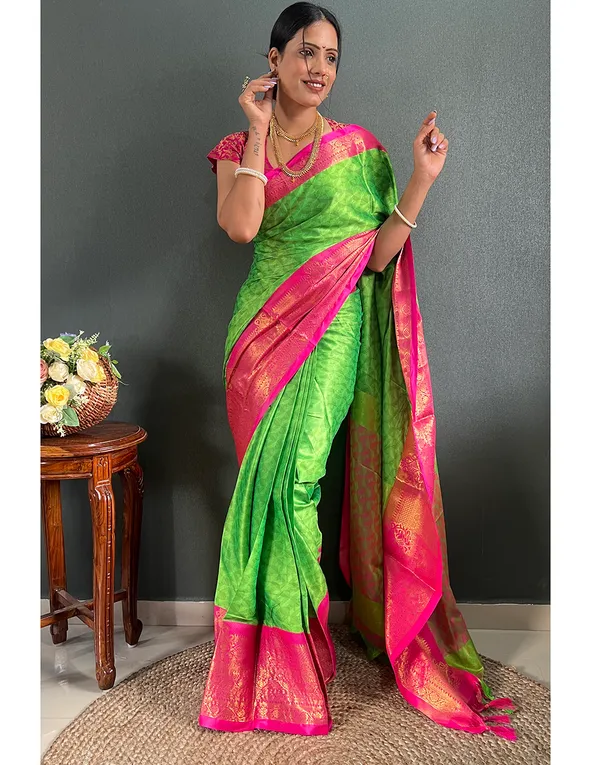 Parrot_Green_&_Pink_Ready_To_Wear_Perrotpink_Banarasi_Silk_Saree_With_Border