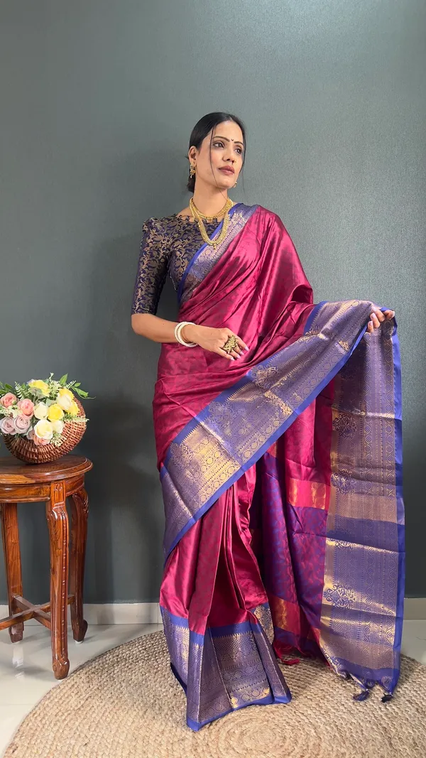 Pink_&_Blue_Ready_To_Wear_Pinkblue_Banarasi_Silk_Saree_With_Border