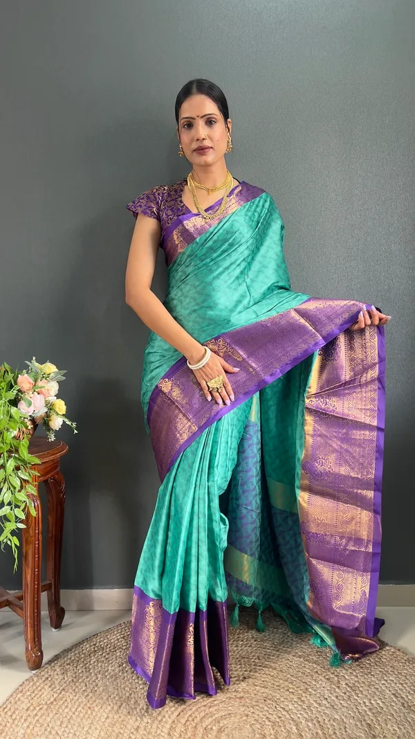 Rama_&_Purple_Ready_To_Wear_Aqua_Banarasi_Silk_Saree_With_Border